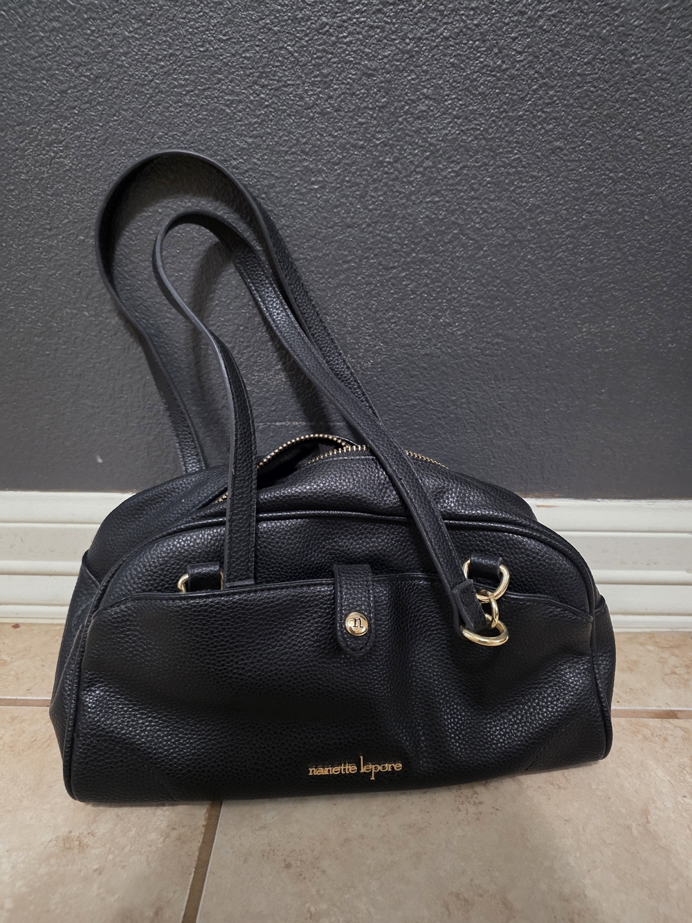 Nanette Lepore Black Pebbled Leather Shoulder Bag with Gold Hardware